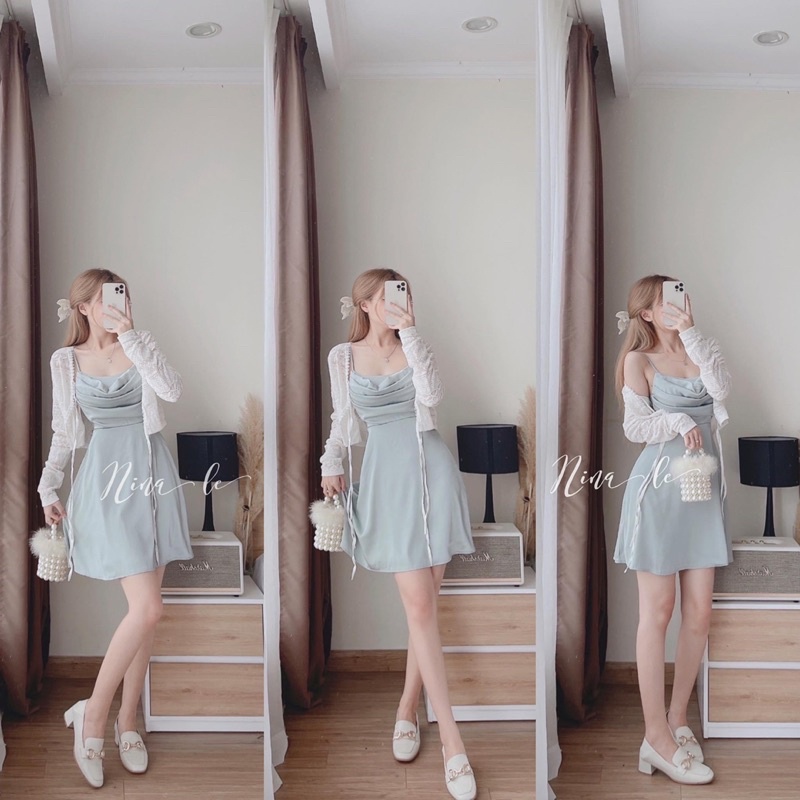 SET ĐẦM PHI XANH CỔ ĐỔ + ÁO KHOÁC REN TRẮNG