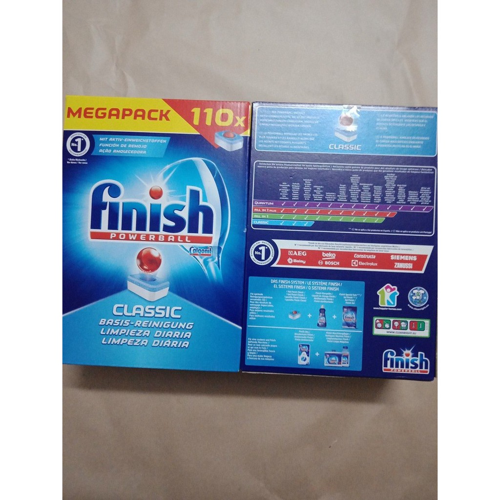 Viên rửa chén ly Finish Classic tác dụng 3 trong 1 loại 110 viên dùng rửa chén bát (tích hợp muối bóng )