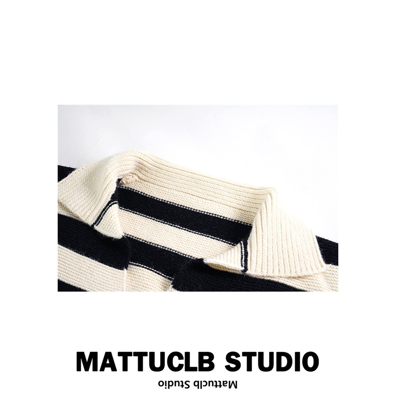 Áo len mỏng mùa thu dài tay cổ áo POLO kẻ ngang đen