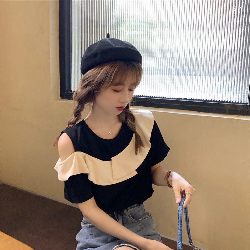 Áo Chiffon Tay Ngắn Trễ Vai Phối Bèo Màu Sắc Tương Phản Phong Cách Hàn Quốc Thời Trang Cho Nữ  tao bao