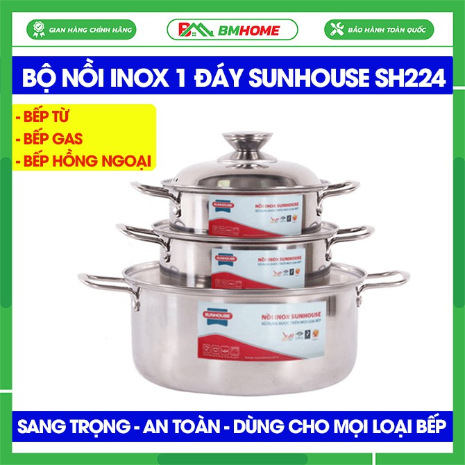 Bộ nồi inox Sunhouse SH224 tiện lợi, nồi inox Sunhouse cao cấp dùng cho bếp từ, bếp gas, bếp hồng ngoại - BH 12 tháng