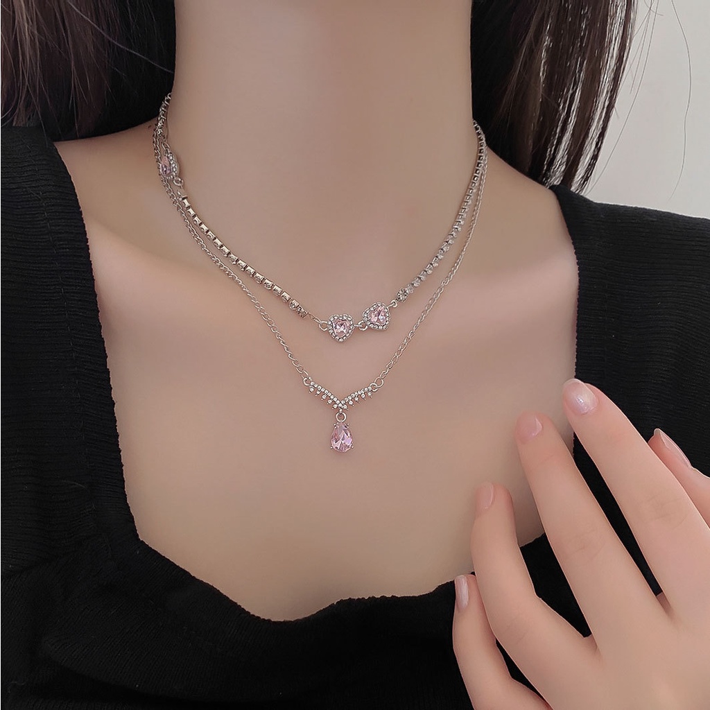 Vòng cổ Hợp Kim 2 Lớp Mặt Kính Pha Lê Sáng Bóng Có Thể Điều Chỉnh Cho Nữ