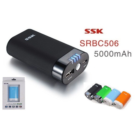 Pin sạc dự phòng SSK SRBC 506 dung lượng 5000mAh 1 cổng USB có đèn pin chiếu sáng và 4 đèn hiển thị dung lượng pin