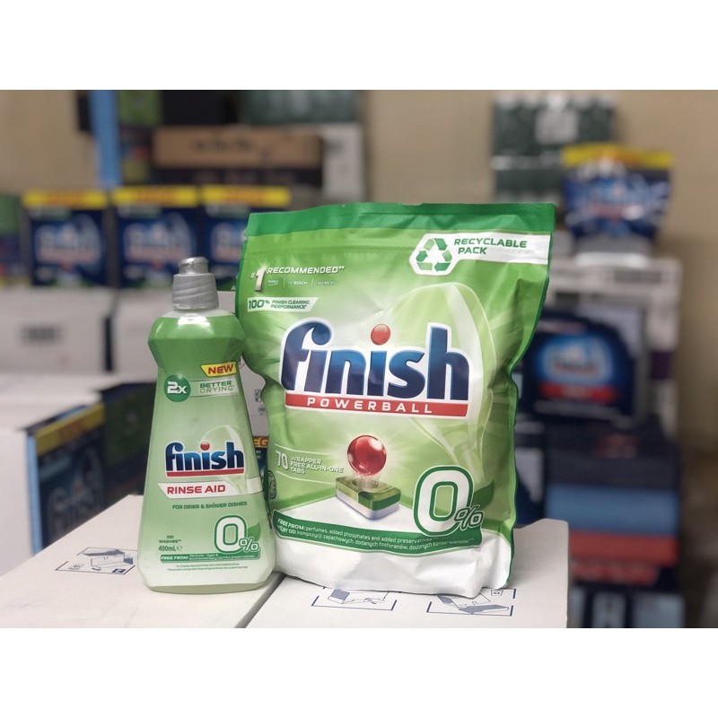 Combo Viên rửa bát Finish Eco 0% và nước làm bóng Finish Eco 0%