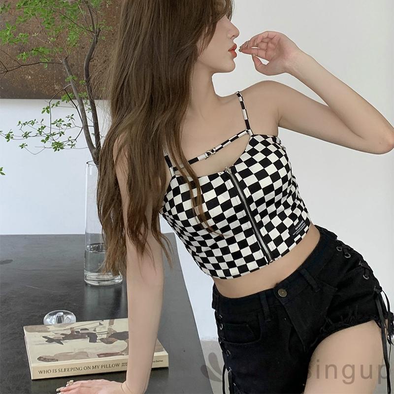 Áo Hai Dây Họa Tiết Kẻ Ô Vuông Thời Trang Cho Nữ