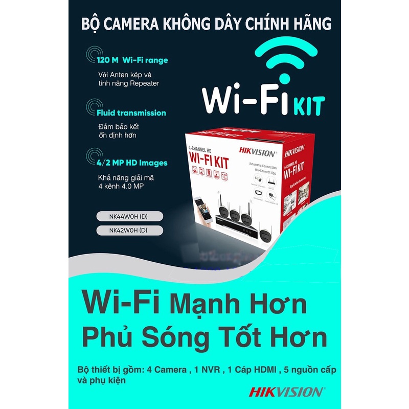 Bộ KIT 4 camera giám sát IP không dây  2M IP WIFI Hikvision NK42W0H (D) / H265+ . Chín hãng BH 2 năm