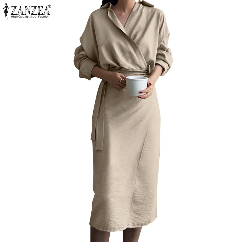 Đầm midi  ZANZEA tay dài cổ bẻ cột dây thời trang cho nữ
