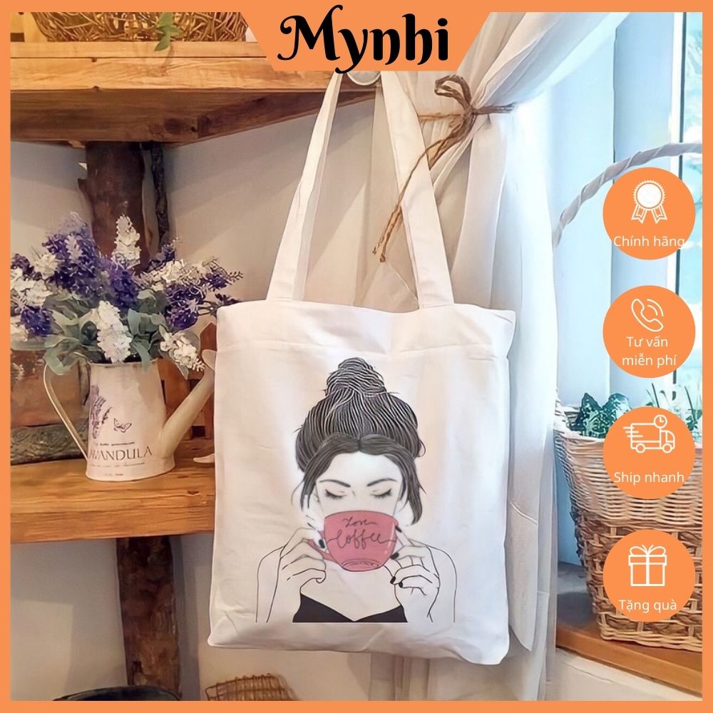 Túi tote túi vải canvas phong cách Hàn Quốc hoạ tiết cô gái và hoa đáng yêu SHOPMYNHI SMN249