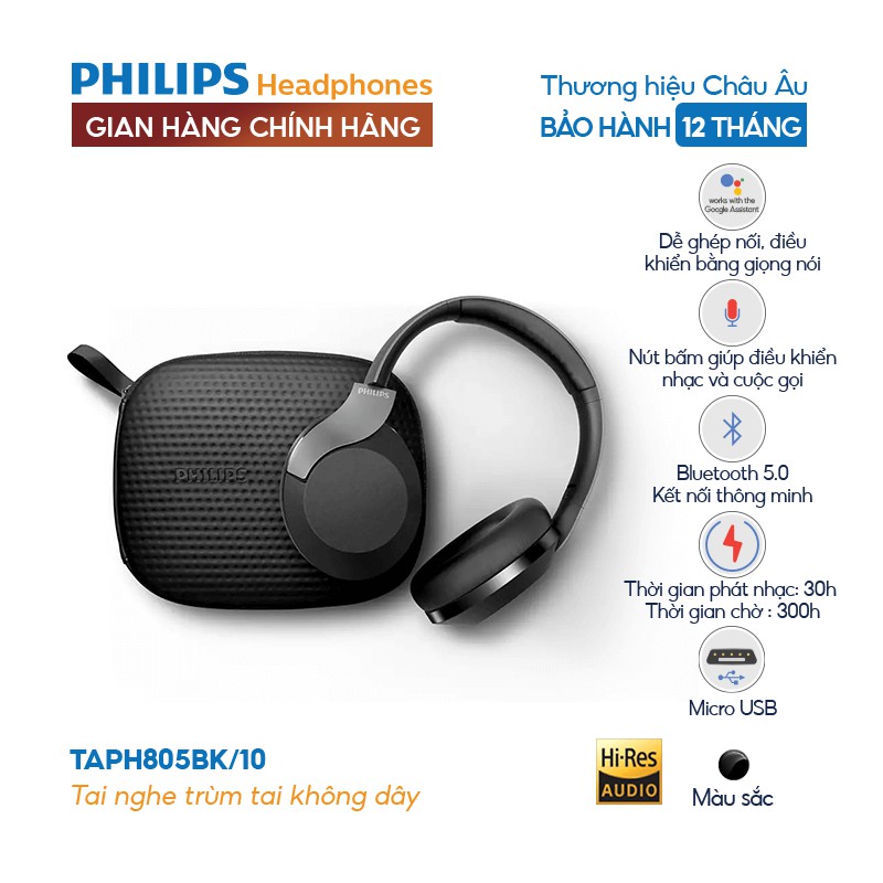 [Mã ELMALLAPR2 giảm 4% đơn 3TR] Tai nghe Philips Bluetooth Bass, Hi-Res Audio, Màu đen TAPH805BK/10-Chính hãng phân phối