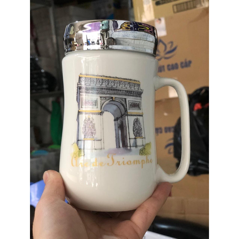 LY SỨ GIỮ NHIỆT 400ML NẮP TRÁNG GƯƠNG có tay cầm,in họa tiết ngẫu nhiên, Cốc sứ giữ nhiệt cute