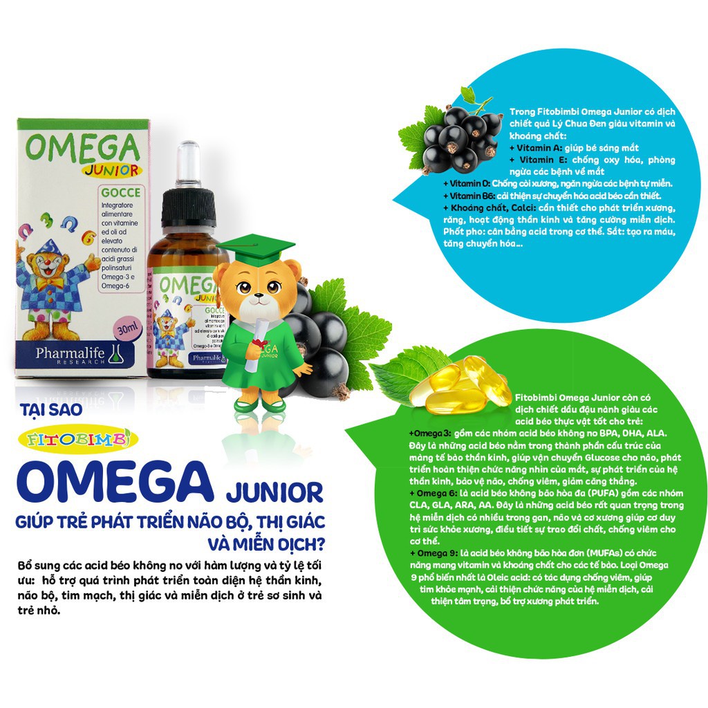 Fitobimbi Omega Junior - Siro thảo dược giúp bé phát triển trí não, tăng cường miễn dịch, tốt cho mắt (Lọ nhỏ giọt 30ml)