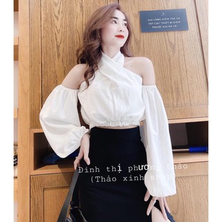áo croptop xoắn ngực cổ yếm rớt vai trắng đen tay phồng dài (ảnh thật)