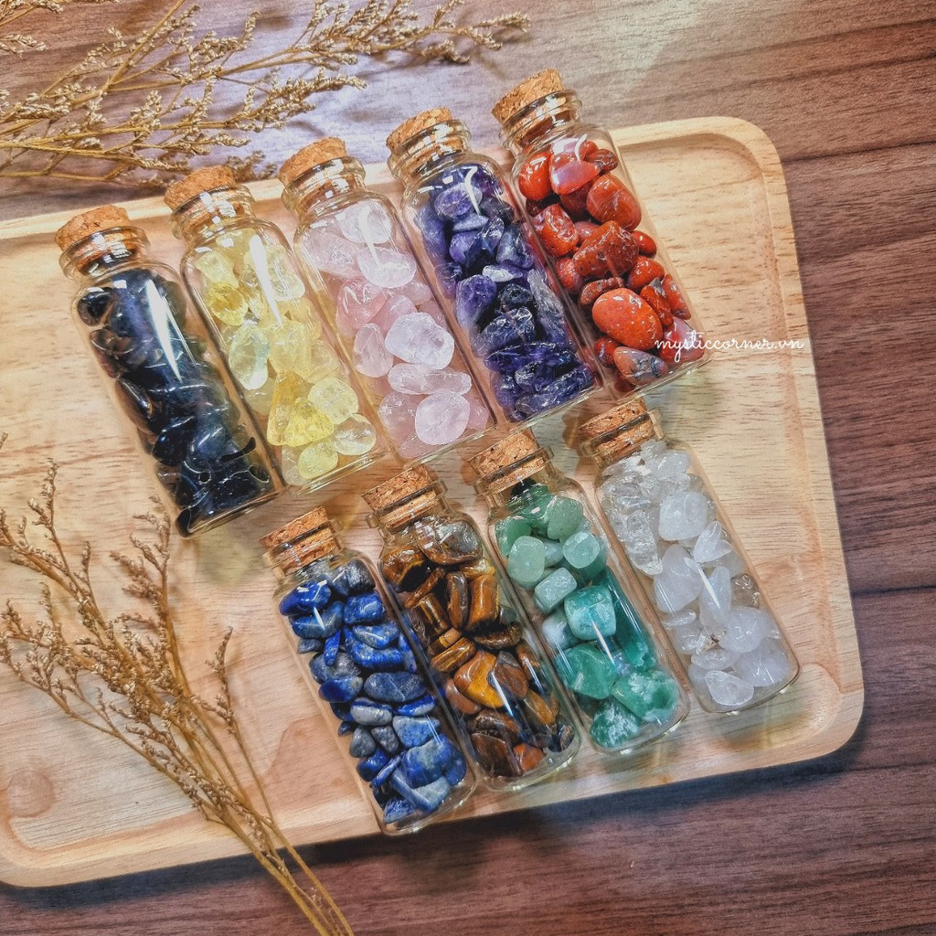 Lọ đá thuỷ tinh may mắn thanh tẩy bài Tarot, đá thạch anh, đá vụn, đá phong thủy, reiki