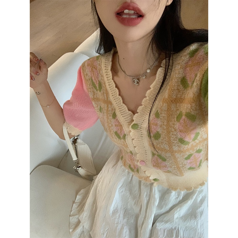 kumikumi Áo cardigan Dệt Kim Tay Phồng Cổ Chữ v In Họa Tiết Hoa Phối Màu Thời Trang Phong Cách Hàn Quốc Cho Nữ
