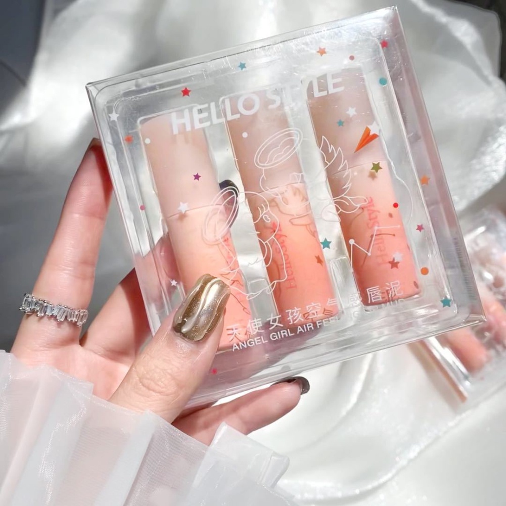 Trong kho Thiên Thần Cô Gái Hồng Son Bóng Son Môi Matte Red Tint Cho Đôi Môi Trang Điểm Lâu Dài Nước Gương Lip Men Son Môi Không Thấm Nước kit Mỹ Phẩm 3pcs (MỘT hộp) DCM