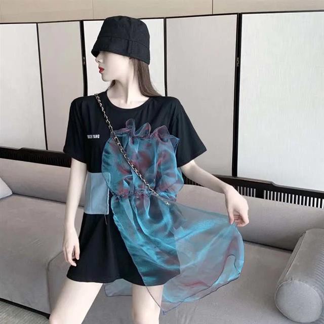 2021 design new summer organza pleated irregular denim mesh stitching cotton short sleeve T-shirt female ins trendy styl