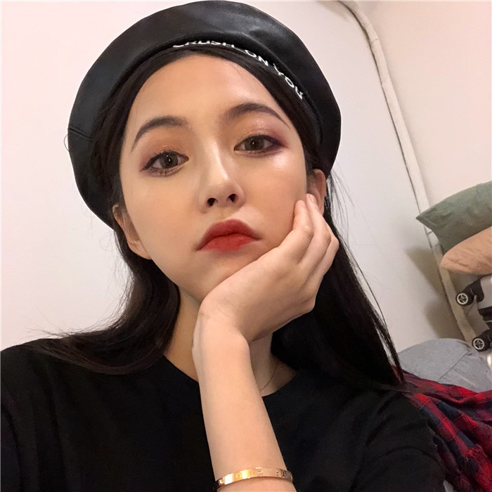 Mũ Beret Da PU In Chữ Phong Cách Retro Nhật Bản Cho Nữ