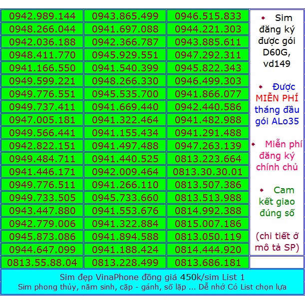 Sim Vina số đẹp 450k List 1 Miễn phí ĐK chính chủ Miễn phí gói ALO35 tháng đầu, ĐK được gói VD149-D60G...(xem ở chi tết)