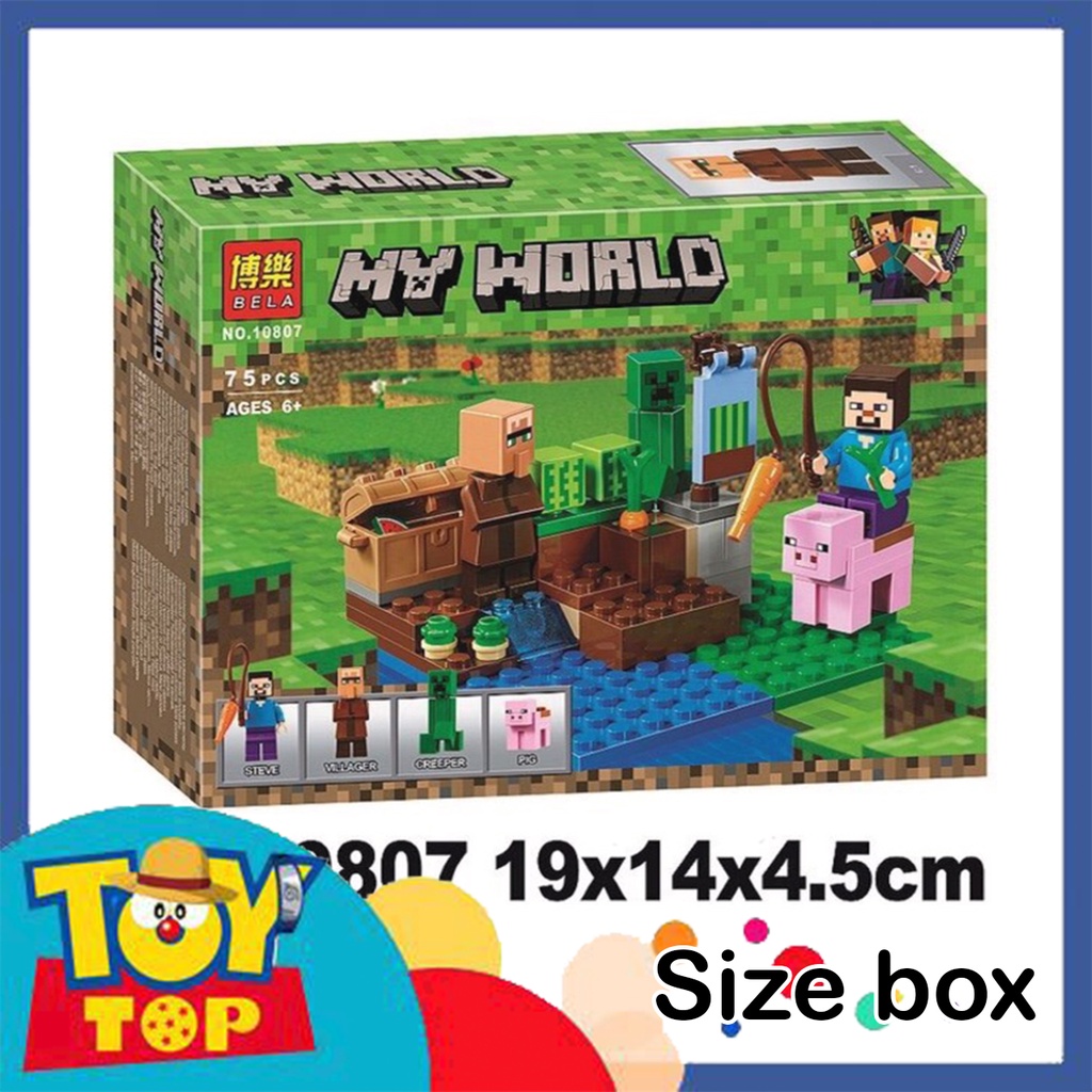 Đồ chơi lắp ráp minecraft cánh đồng của Steve cưỡi lợn và dân làng tránh Creeper xếp hình Bela 10807 với 75 mảnh ghép