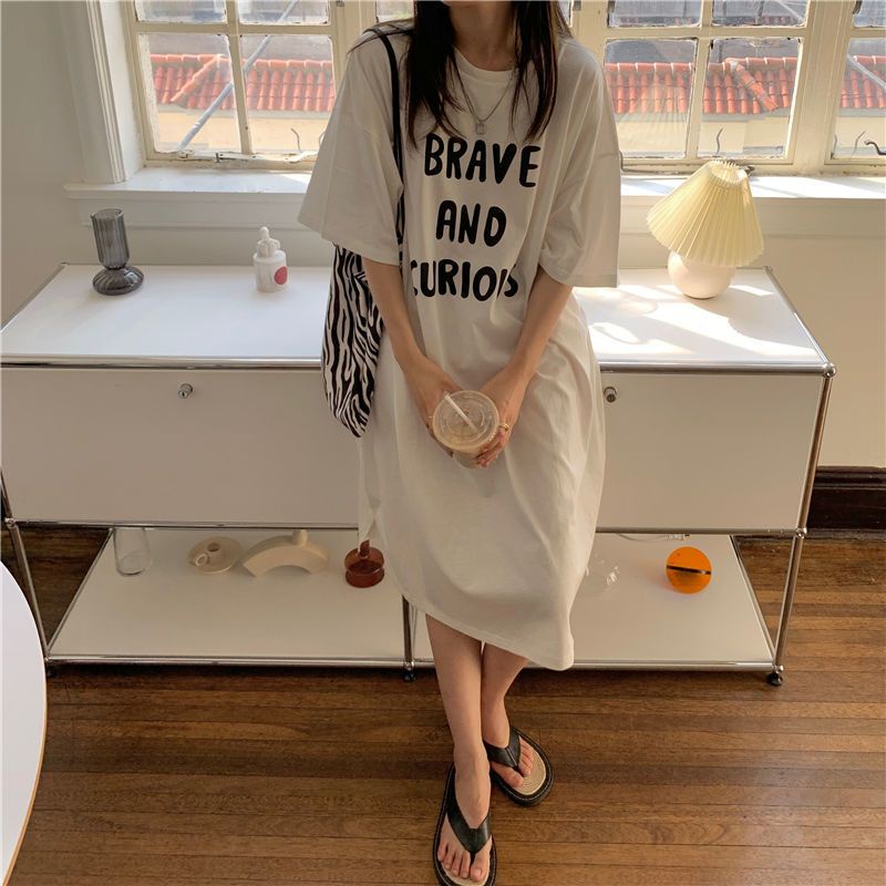 Đầm Ngủ Thun Dài Qua Gối Tay Ngắn Dáng Rộng Thời Trang Mùa Hè Kiểu Mới Cho Bạn Gái