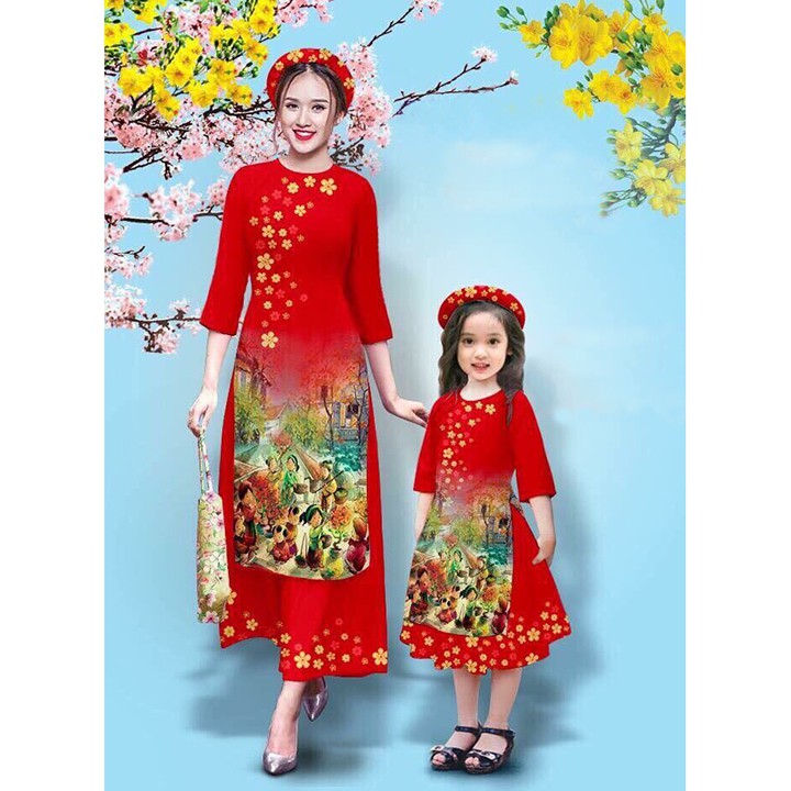 ⚡️ có big size 5XL ⚡️ AD245 Set Áo Dài Cách Tân MẸ VÀ BÉ họa tiết làng quê màu đỏ.