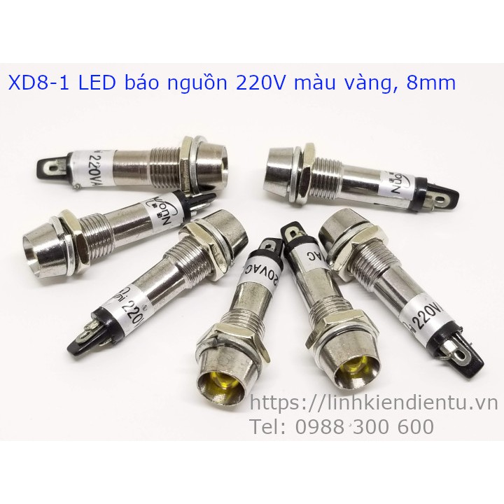 5 đèn LED báo nguồn XD8-1 vỏ inox 8mm, điện áp: 12v, 24v, 220v, màu sắc: xanh, đỏ, vàng