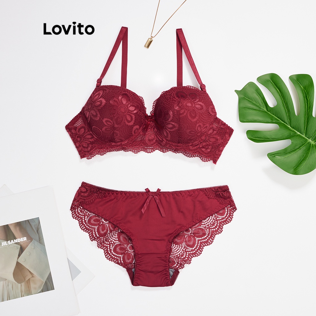 Set áo ngực + quần lót Lovito đính nơ may phối ren tương phản thanh lịch L17X281 (Màu đỏ)