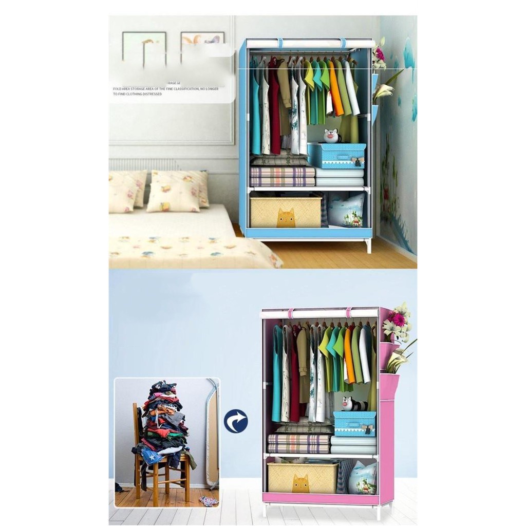 Tủ Vải Đựng Quần Áo Cao Cấp Kiểu Dáng 3D 1 Buồng 2 ngăn, Tủ Vải Khung Inox Treo Quần Áo Nhỏ Gọn Tiện Dụng