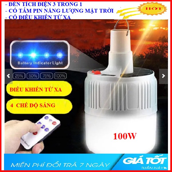 bóng đèn tích điên 100W có remote điều khiển và tấm pin năng lượng mặt trời