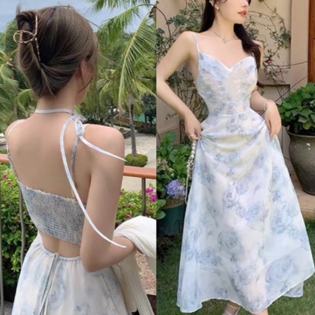 Váy maxi voan hoa hai dây - Đầm voan xanh dáng dài mặc đi biển du lịch