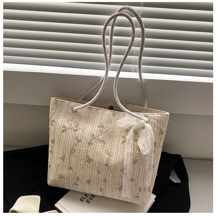 Túi Cói Vuông Lớn Đi Du Lịch Thêu Hoa Quai Thừng Thắt Nơ Ren L2154