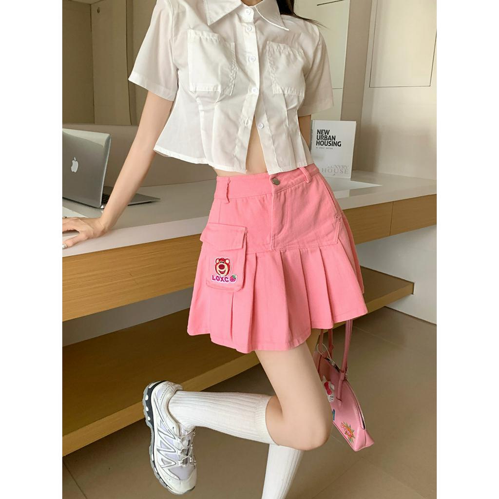 Lalisas Chân váy jean Ngắn Chữ A Xếp Ly Lưng Cao Màu Hồng In Họa Tiết Gấu Và Dâu Tây Dễ Thương Thời Trang Cho Nữ