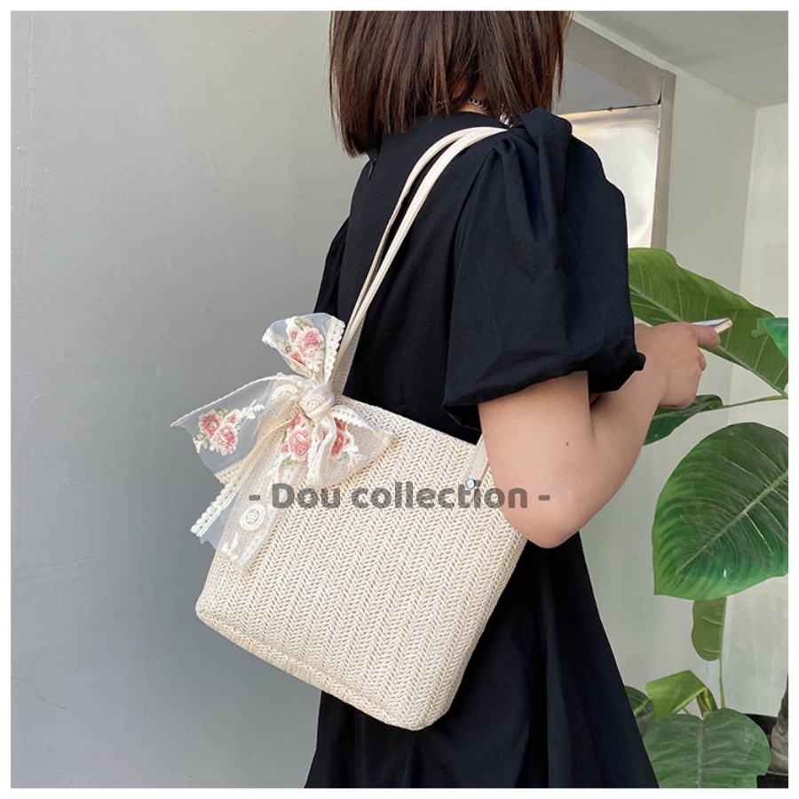 [NowShip2h] Túi Cói Kẹp Nách (Túi Xách Đeo Vai) Phối Dây Da &amp; Nơ Ren Hoa Thời Trang Đi Biển - Mã XT054