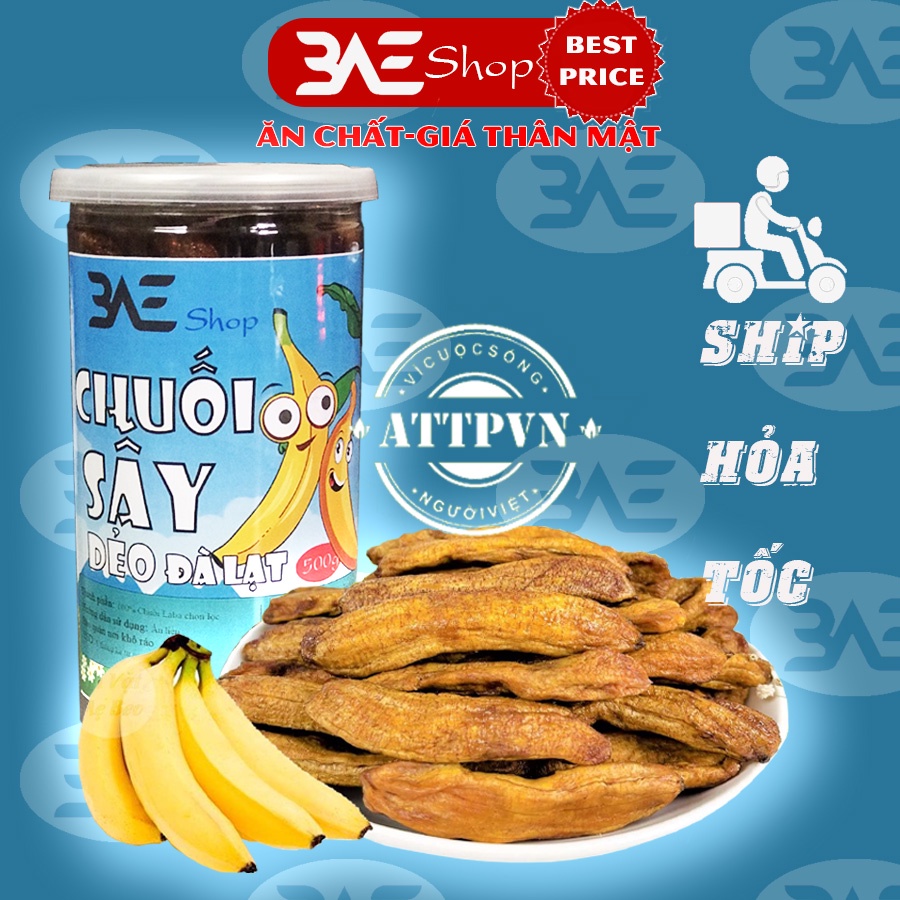 Chuối sấy dẻo Đà Lạt nguyên trái loại hộp 500g shop 3AE đồ ăn vặt Hà Nội ngon bổ rẻ