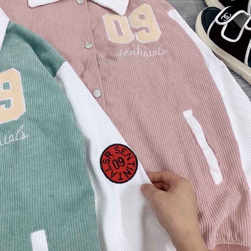 Áo Khoác Nhung Tăm Cổ Bẻ Thêu Số 09 Áo Bomber Bóng Chày Logo Tay Dáng Rộng