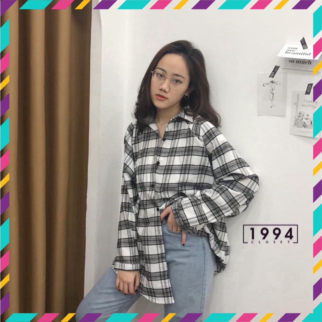 Áo Nữ Mới Đẹp • Áo Sơ Mi Nam Nữ Kẻ Màu Lạ Form Thụng To Ulzzang ✨ Áo Khoác Sơ Mi Caro Xám Trắng Tay Bồng