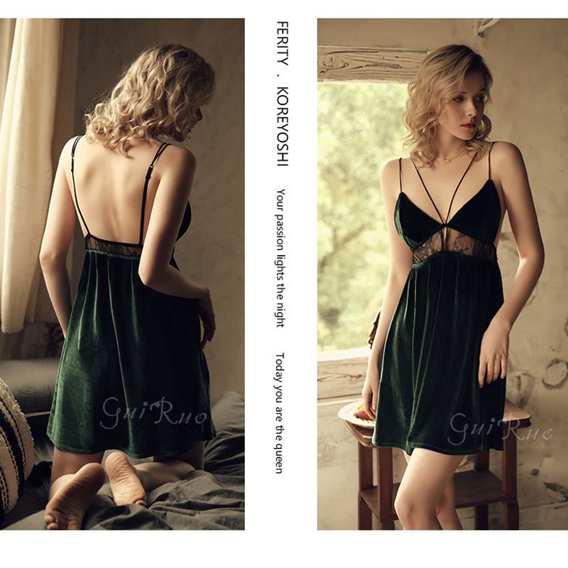 Váy ngủ nhung 2 dây ZOZORO kết hợp ren khoét sâu ngực sexy quyến rũ-vnms03