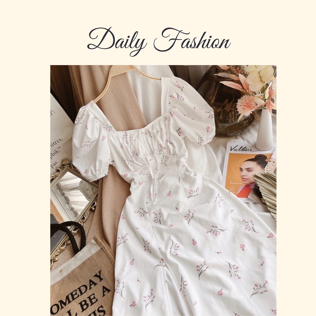 Đầm maxi trắng hoa nhí xẻ tà cổ vuông nhún ngực đi biển giá rẻ, đẹp | BigBuy360 - bigbuy360.vn