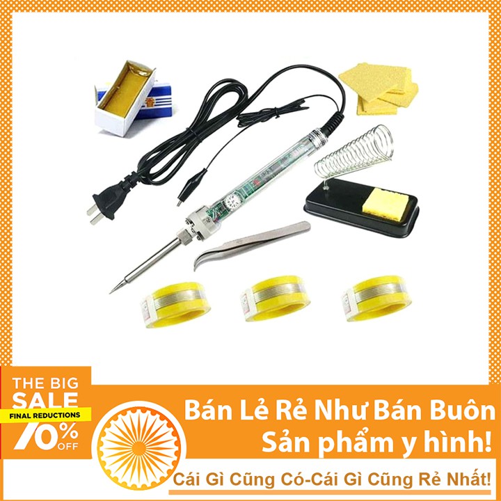 Combo Mỏ Hàn 907 220V-60W Và 7 Món Phụ Kiện (Kẹp Linh Kiện, Kệ Hàn, Bọt Biển, 3 Cuộn Thiếc, Nhựa Thông)