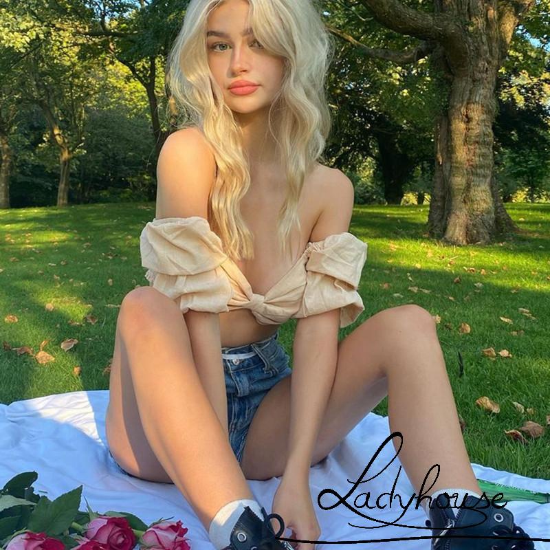 Áo Croptop Trễ Vai Tay Ngắn Dáng Ôm Màu Trơn Thắt Nơ Thời Trang Mùa Hè Cho Nữ