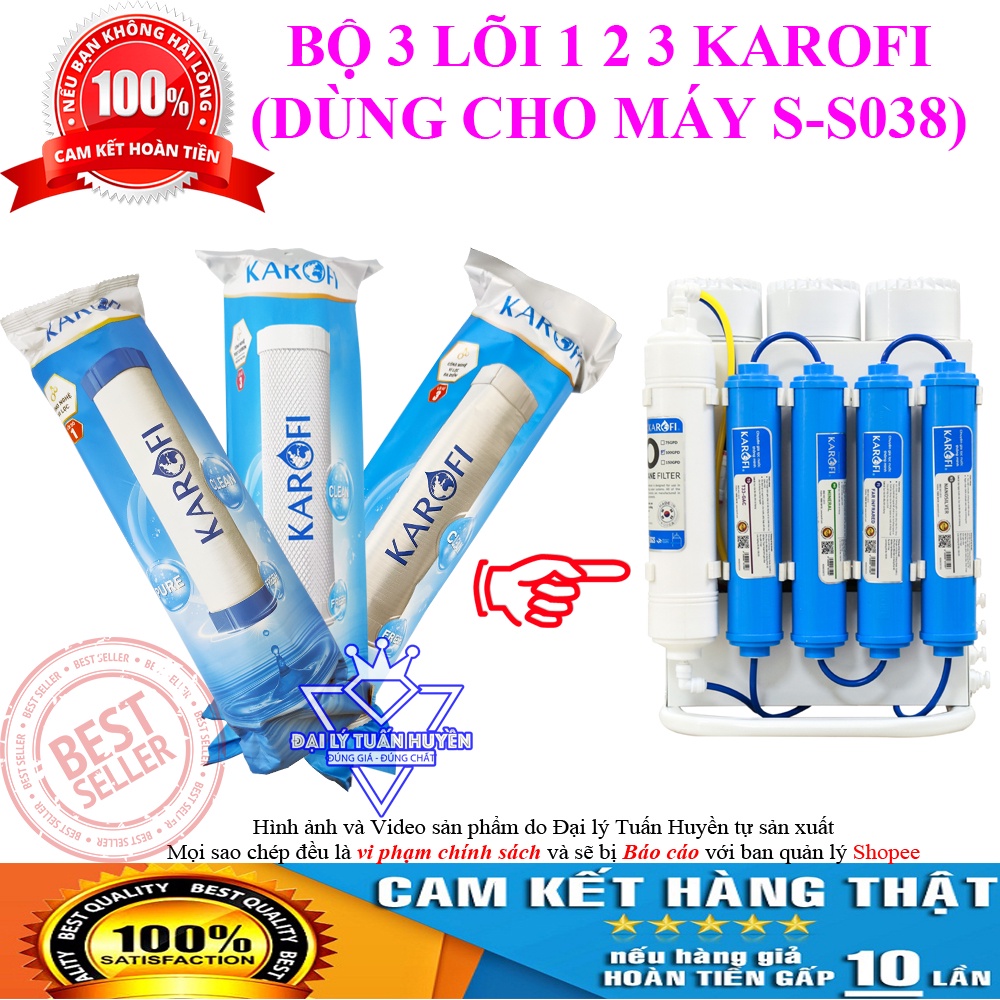 Bộ 3 Lõi lọc nước Karofi 1,2,3 chính hãng, dùng cho máy S-S038