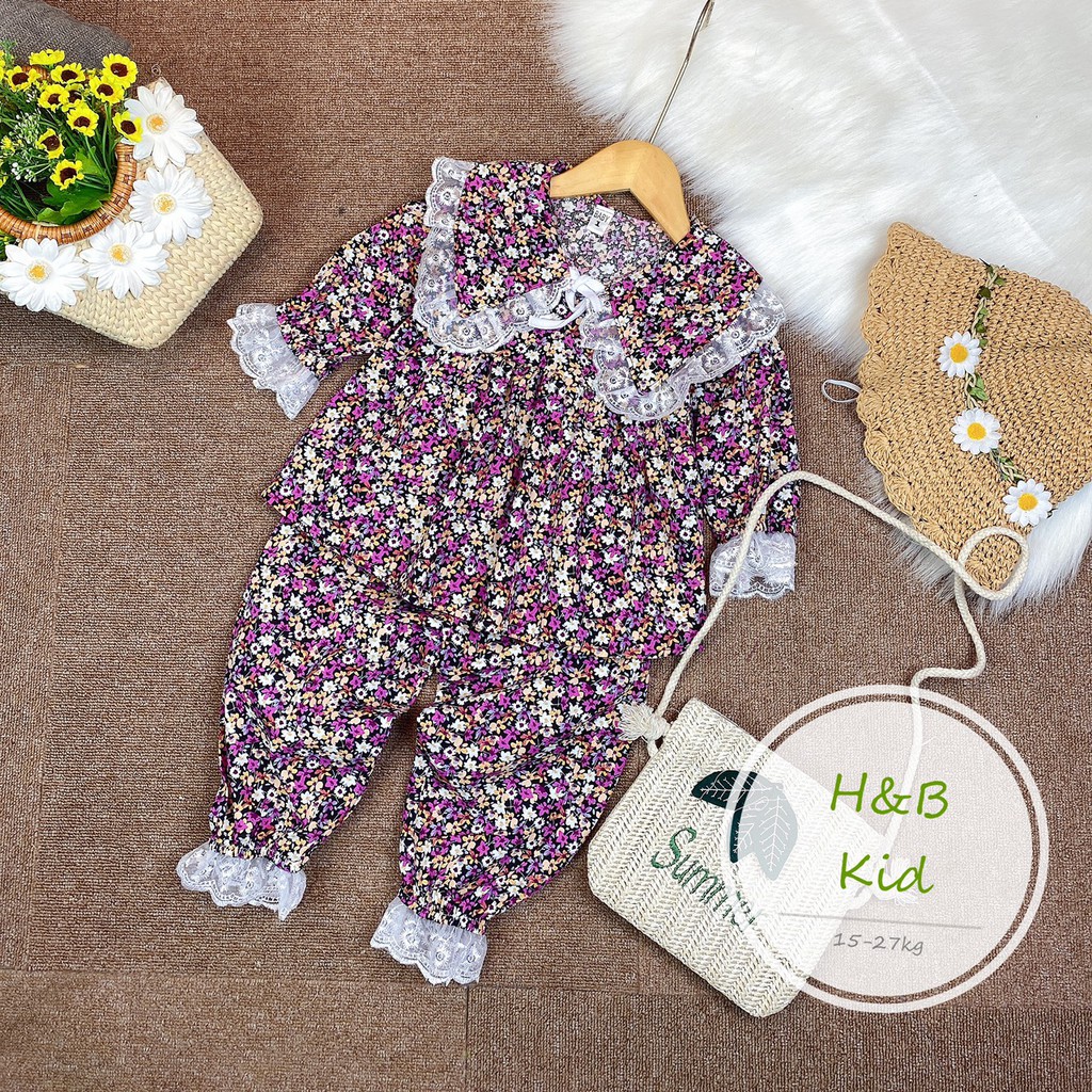 Pijama hoa nhí cổ ren cho bé gái