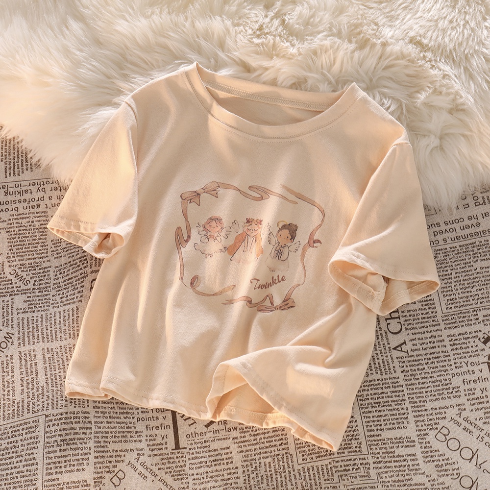 NUZIRO  Áo thun  tay ngắn cổ tròn in hình thiên thần nhỏ dễ thương thời trang cho nữ