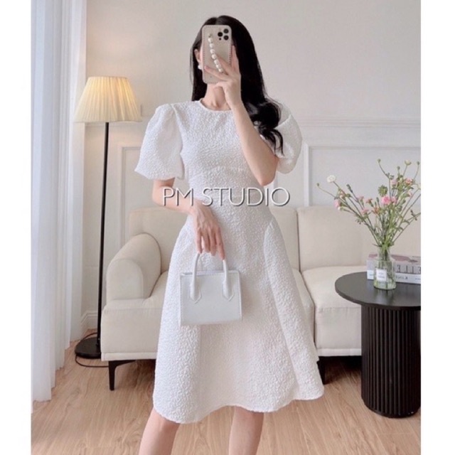 Váy đầm xốp xoè trơn tay bồng rúm eo siêu xinh l1 ln mh pl
