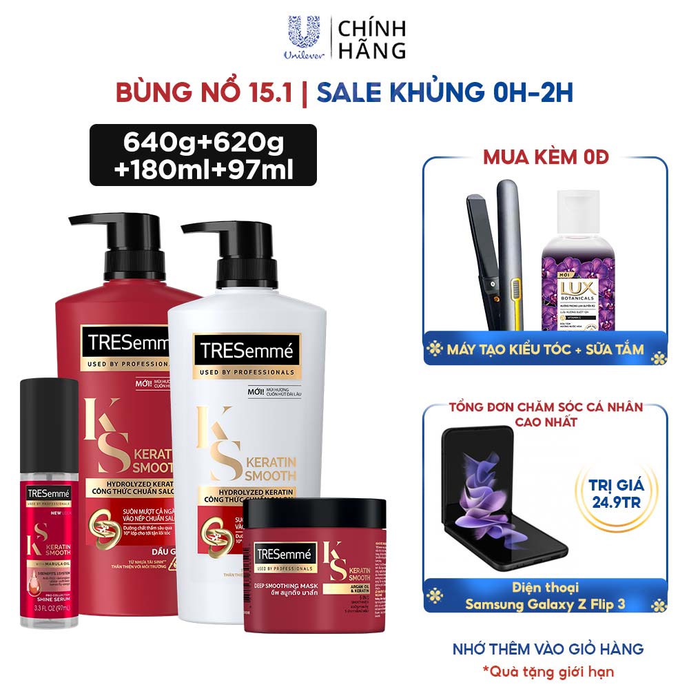 Combo Dầu Gội, Dầu Xả, Kem Ủ, Serum TRESEMME Keratin Smooth Cho tóc khô xơ rối Vào Nếp Suôn Mượt 640g, 620g, 180ml, 97ml