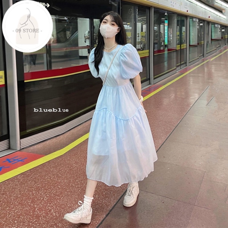 Đầm voan dáng xuông, váy dài xanh dương pastel tay phồng phong cách Hàn Quốc