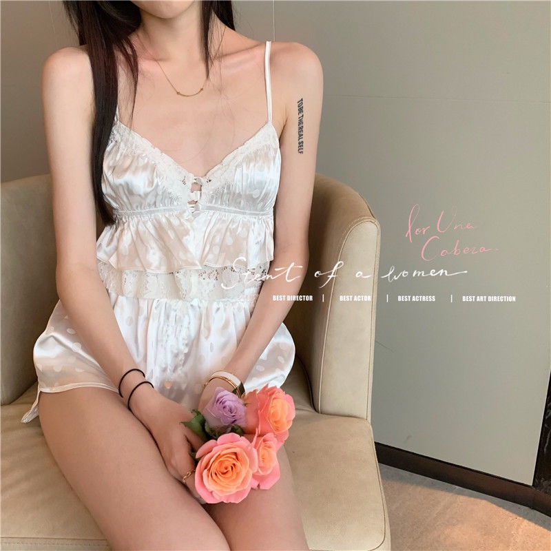 Set đồ ngủ hai dây phối ren họa tiết chấm bi thời trang mùa hè quyến rũ cho nữ