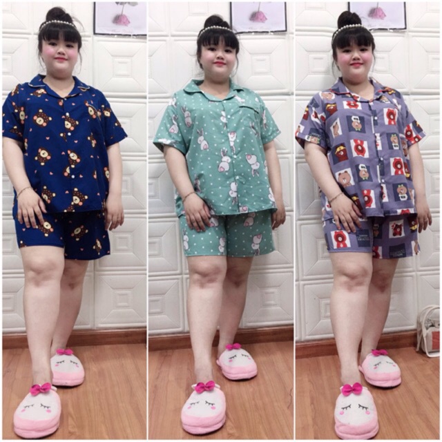 Bộ đồ mặc ở nhà nữ - Bộ pyjama nữ ngắn Big size từ 62-75kg dễ thương hoạt hình vải kate thái có túi