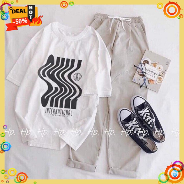 3 Sét Bộ Đồ Nữ Mặc Mùa Hè , Áo Phông Nữ In Làn Sóng Đen Cotton Mix Quần Kaki Phong Cách Teen Hàn Quốc