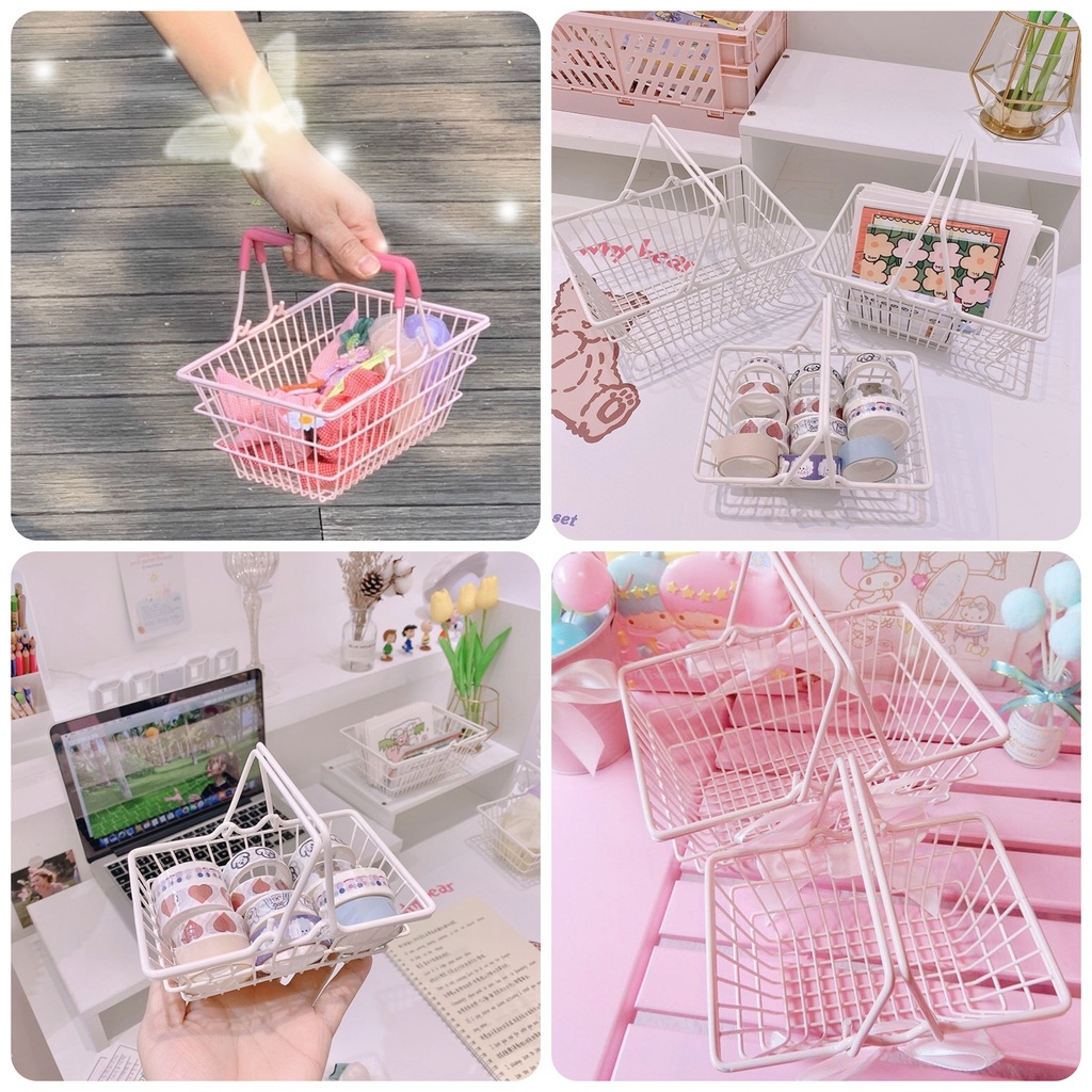 Giỏ sắt trắng đựng đồ phụ kiện chụp ảnh washi tape đa năng , trang trí cửa hàng, decor bàn học 3 size
